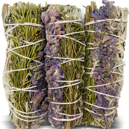 Sage Incense Smudge Bundle Set 3 Pack - White Sage Rosemary Lavender Hand-Bundled Incense for Entryways, Bedrooms and Living Spaces