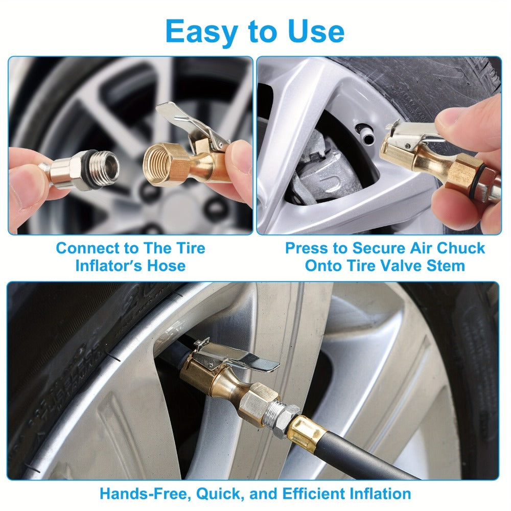 Air Chuck Lock-On Tire Inflator 3-Piece Set – Closed Flow Clip-On, 250 PSI, Schrader Valve Compatible, Heavy-Duty Copper for Car