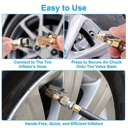 Air Chuck Lock-On Tire Inflator 3-Piece Set – Closed Flow Clip-On, 250 PSI, Schrader Valve Compatible, Heavy-Duty Copper for Car