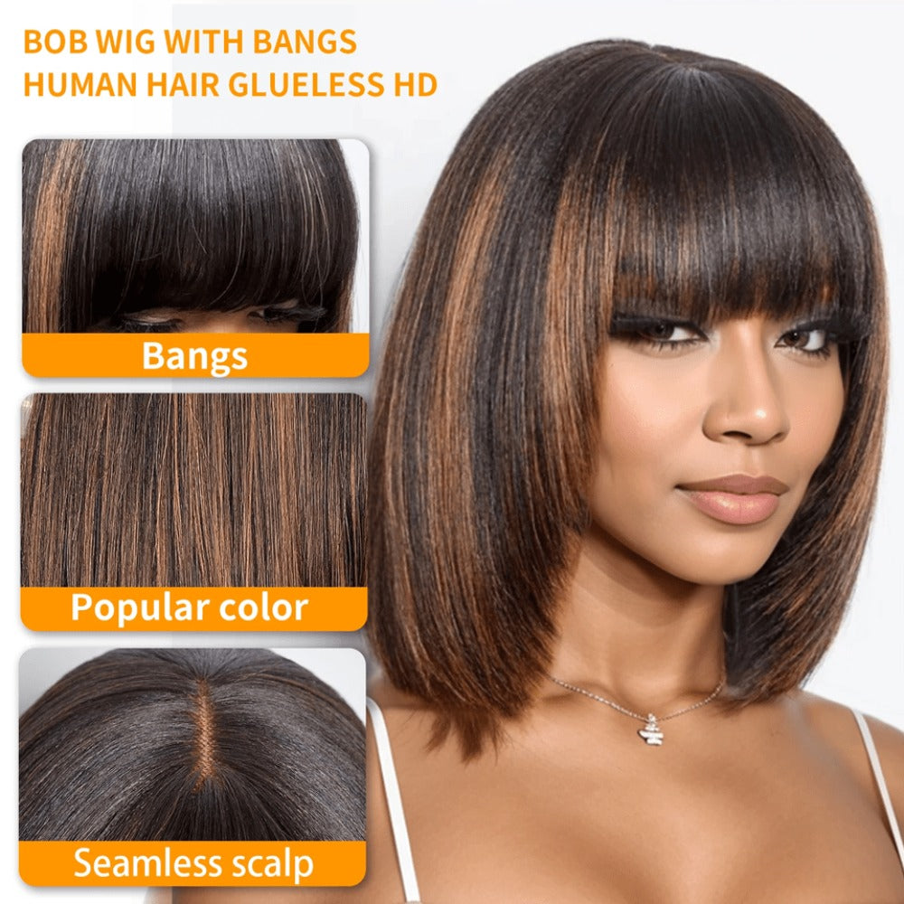 Straight Bob Wig with Bangs Human Hair 3x1 Lace Part Pre-Plucked Glueless Brazilian Short Bob 150 Density 1B/30 Highlight Natural Black