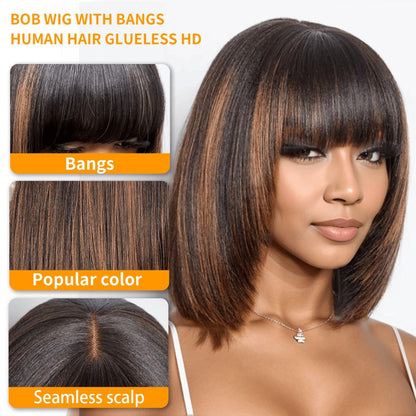Straight Bob Wig with Bangs Human Hair 3x1 Lace Part Pre-Plucked Glueless Brazilian Short Bob 150 Density 1B/30 Highlight Natural Black