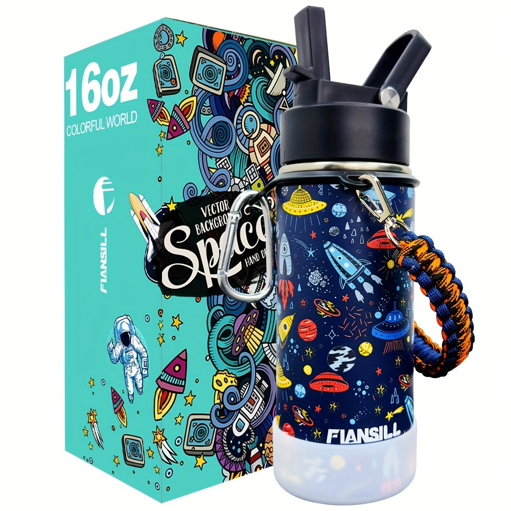 FIANSILL 16oz Stainless Steel Water Bottle with Flip-Up Straw Lid, Wrist Strap, Carabiner and Eight Prints