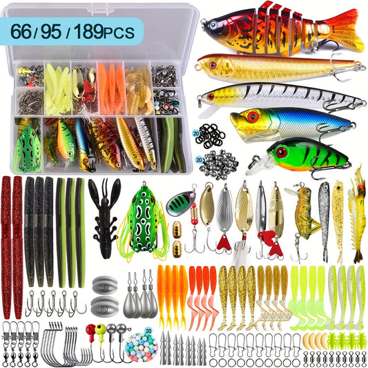 Fishing Lures Kit 66 / 95 / 189 Pcs – Complete Tackle Bait Set for Freshwater & Saltwater Bass Trout Fishing