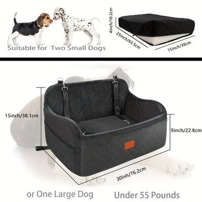 Dog Car Seat Booster with Memory Foam & Non-Slip Bottom – Adjustable Safety Leash & Seatbelt Channel, Soft Plush Pet Car Bed