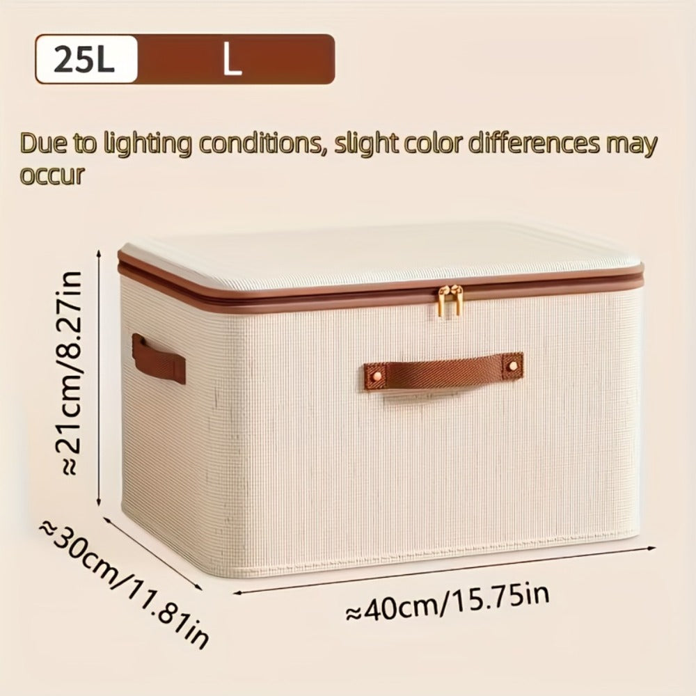 Foldable Storage Boxes with Lids 2-Pack, Large Linen Storage Baskets with Double Zippers & Leather Handles