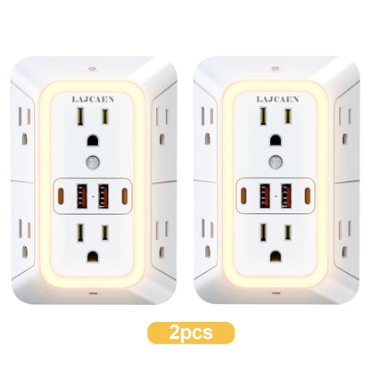 Outlet Splitter Wall Expander 10-in-1 with 6 AC Outlets 2 USB-A 2 USB-C Ports 3-Sided Plug for an Everyday Personal Care Routine