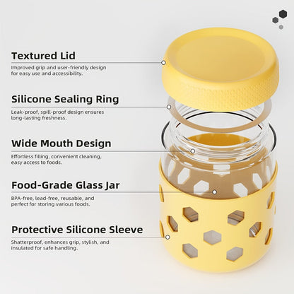 Glass Jar Food Storage Organizer Six-Pack with 16oz Screw-Top Jars and Optional Silicone Sleeves