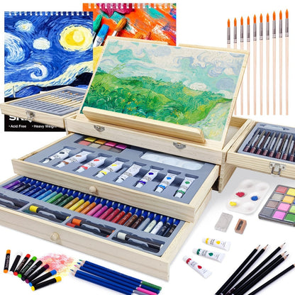 85-Piece Mixed-Media Art Set with Wooden Tabletop Easel, Paints, Pencils, Brushes and Paper Pads