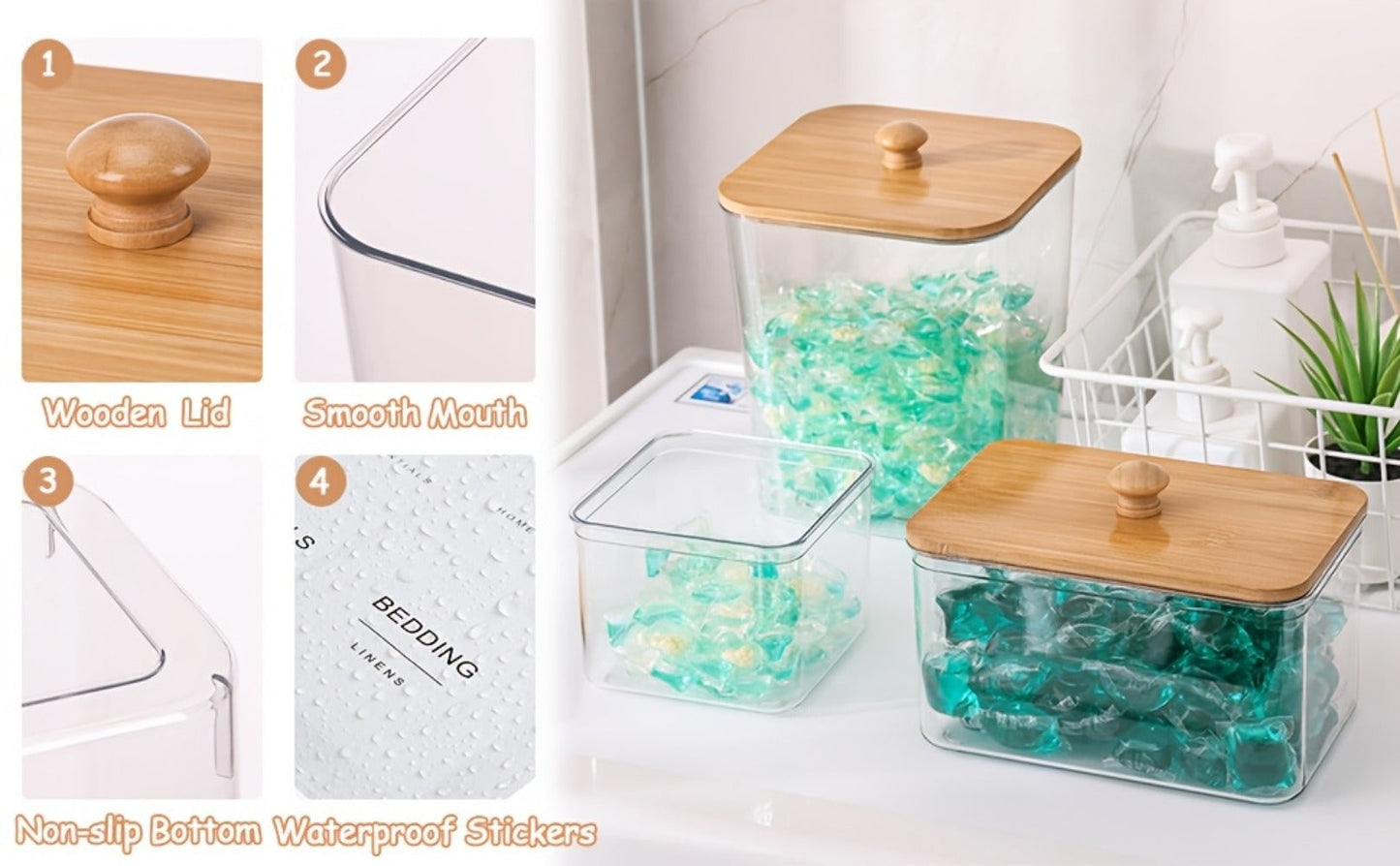 Laundry Pod Containers Set of 4 with Lids Scoops and Labels for Entryways, Bedrooms and Living Spaces