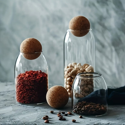 Glass Storage Jars with Cork Lid Set of 3 | 17oz 500ml Airtight Glass Containers with Spherical Cork Stopper | Kitchen Organizer for Tea