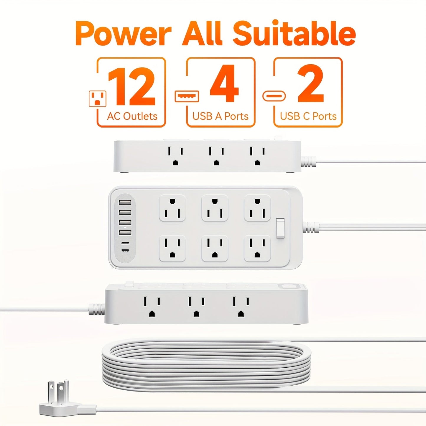 Charging Station 18-in-1 Power Strip Surge Protector 12 AC Outlets 6 USB Ports 4 USB-A 2 USB-C for an Everyday Personal Care Routine