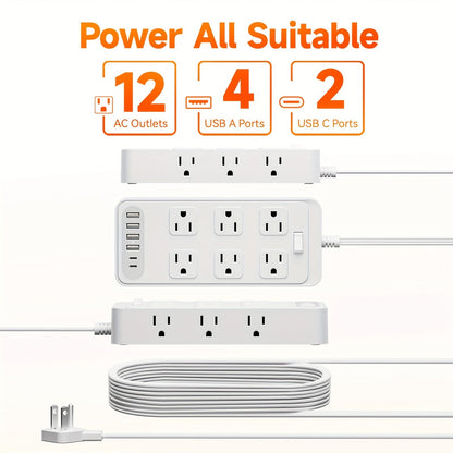 Charging Station 18-in-1 Power Strip Surge Protector 12 AC Outlets 6 USB Ports 4 USB-A 2 USB-C for an Everyday Personal Care Routine