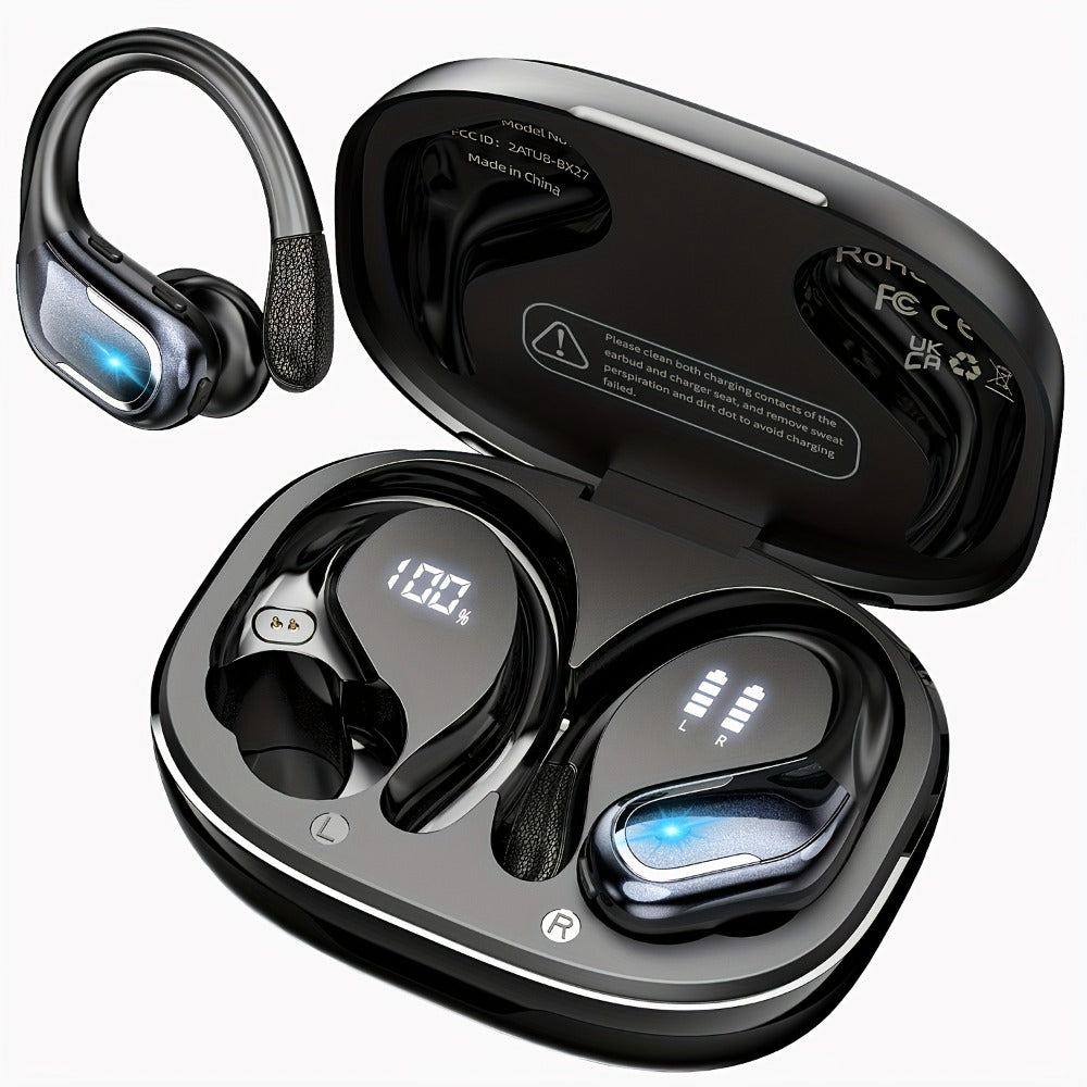 LIFEBEE Dual LED Display Earhook Wireless Earbuds for Running Sports, Pure Bass Sound Noise Cancelling Built-in Mic Over-Ear Headphones