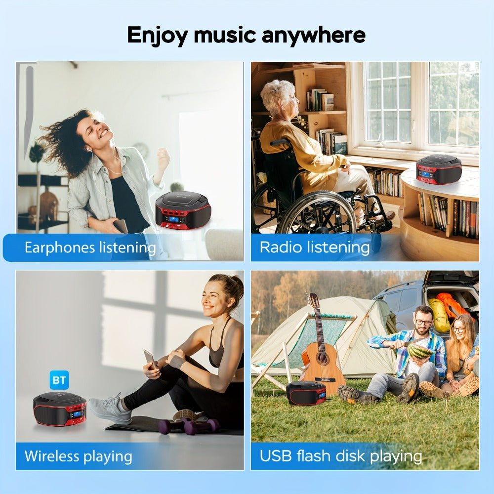 Bluetooth CD Player Boombox with FM Radio, Portable CD Boombox with AUX USB Playback, Earphone Jack