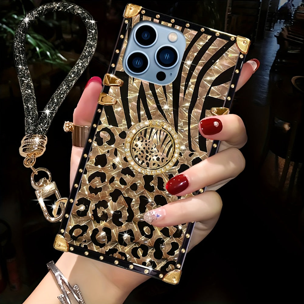 Phone Case Leopard Print Rectangular Cover with Ring Grip Kickstand for Select iPhone 12–16 Models