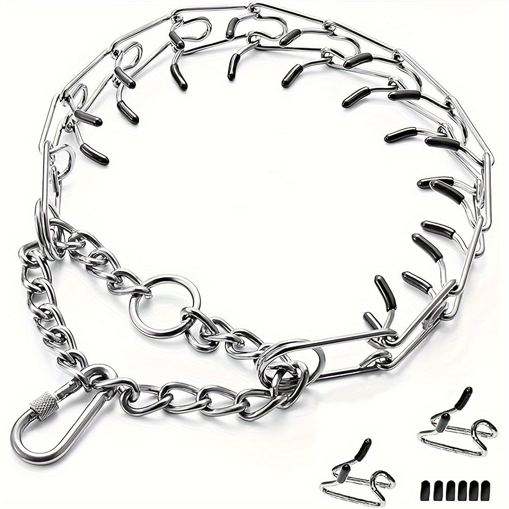 Dog Training Collar Adjustable Prong Design in Silver-Tone Steel with Rubber Tips and S or M Link Sizes