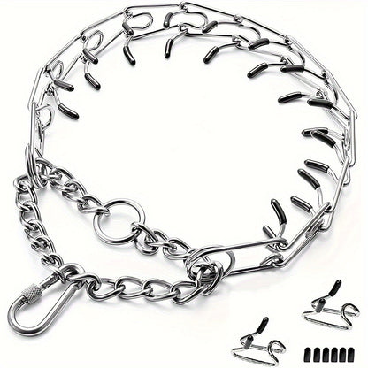 Dog Training Collar Adjustable Prong Design in Silver-Tone Steel with Rubber Tips and S or M Link Sizes