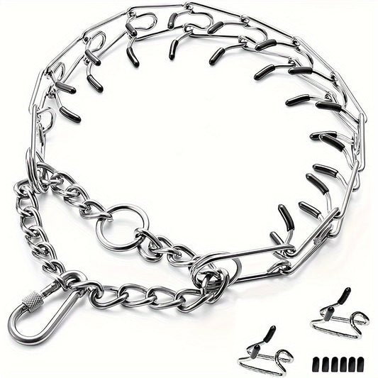 Dog Training Collar Adjustable Prong Design in Silver-Tone Steel with Rubber Tips and S or M Link Sizes