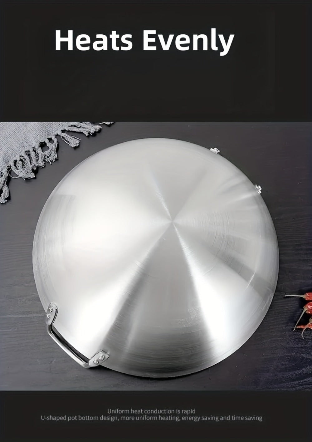 Stainless Steel Wok & Frying Pan, Non-Stick Cooking Surface, Handle, Compatible with Gas, Induction & Electric Stovetops