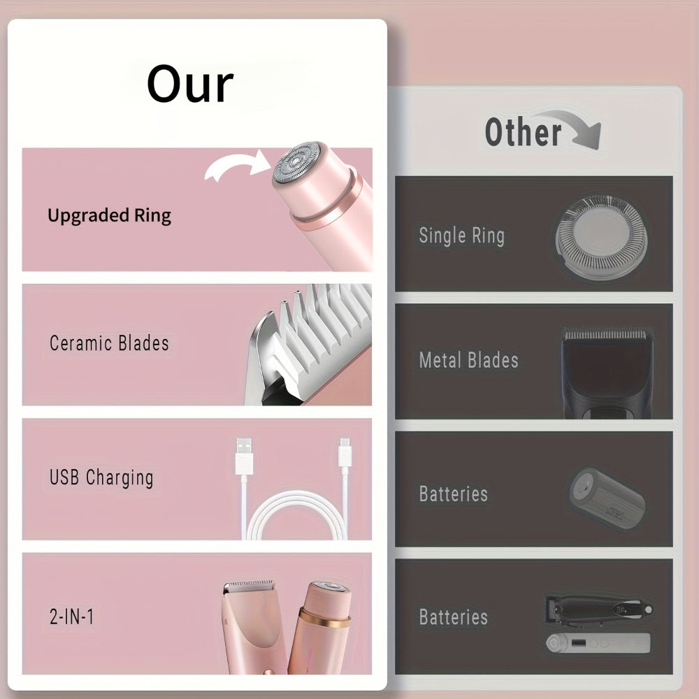 Bikini Trimmer for Women 2-in-1 Dual Head Electric Shaver - Wet Dry Body Hair Remover for Bikini Area Underarms Legs Arms Face