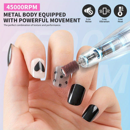 Electric Nail Drill 45000 RPM USB Rechargeable Kit with LCD, Forward Reverse and Three Finishes