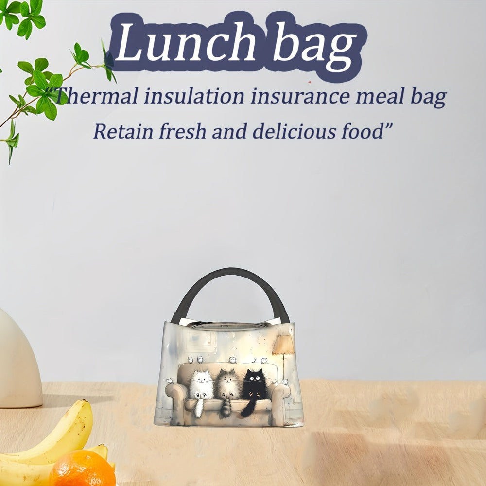 Cat Print Lunch Bag Tote, 11 x 6.3 x 6.7 Inches with Top Zipper, Dual Carry Handles and Tapered Profile