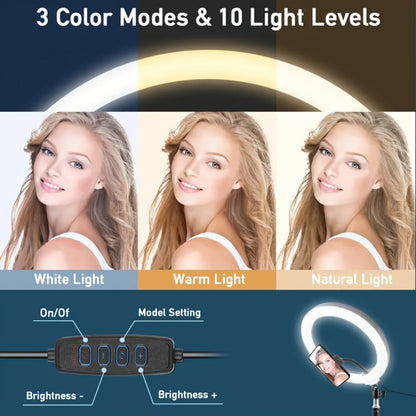 10-Inch Ring Light with Inline Cable Controls, Phone Holder and Desktop Bracket or Mini Tripod Options