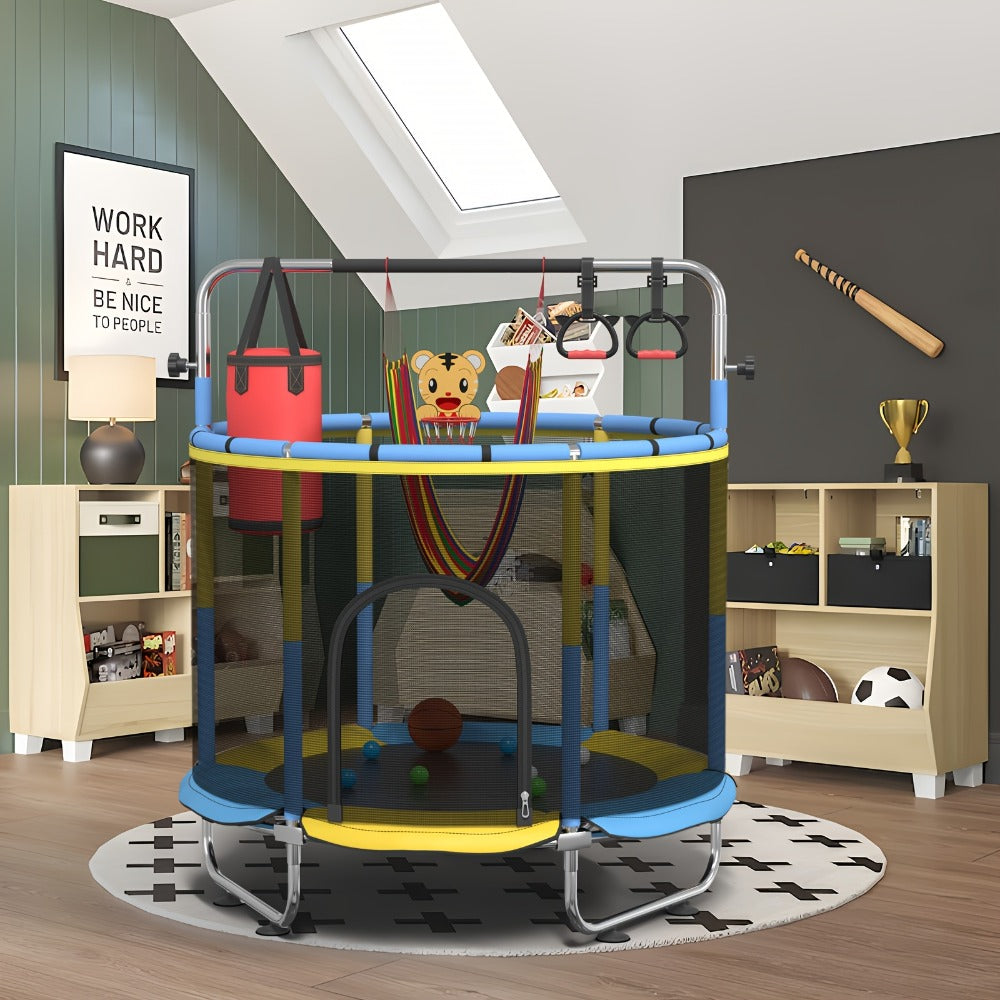 60 Inch Trampoline with Enclosure and Gymnastics Bar, Height Adjustable Indoor Outdoor Round Trampoline with Toys for Kids