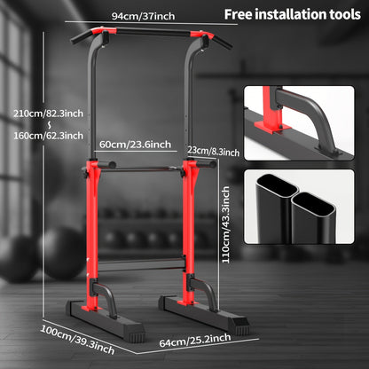 Power Tower Dip Station with Pull Up Bar – Adjustable Height Multi-Function Home Gym Strength Training Workout Station for Dips, Chin Ups