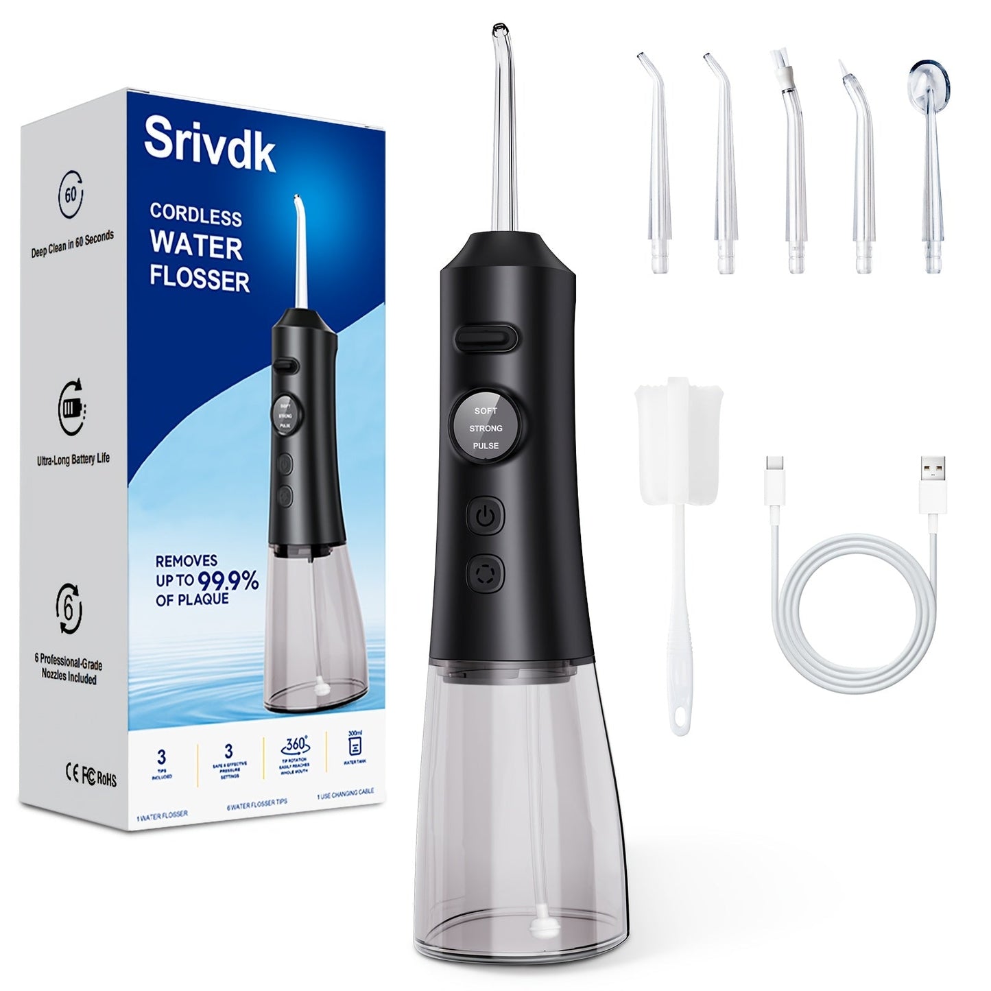 Water Flosser Srivdk Cordless Oral Irrigator with 300ml Tank, Three Pressure Modes, Six Nozzles and USB-C Charging