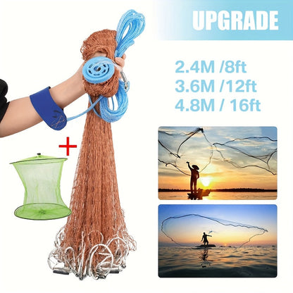 Saltwater Casting Net Set with Fish Basket – 12-Foot Diameter, 0.12" Mesh, Heavy-Duty Zinc-Plated Lead Sinkers for Rapid Sinking