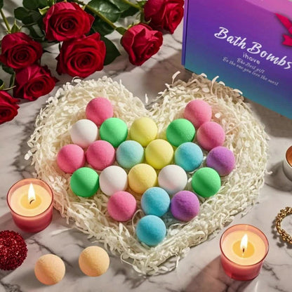Bath Bombs, 24-Piece Assorted Color Gift Box with Eight Labeled Fragrances and Round Mini Fizzers