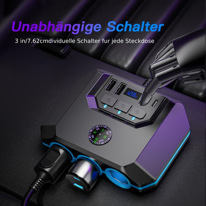 Car Cigarette Lighter Splitter 3-Socket 120W Power Outlet Adapter | QC3.0 + PD USB Ports | 12V/24V Voltage Monitor Independent Switch Car