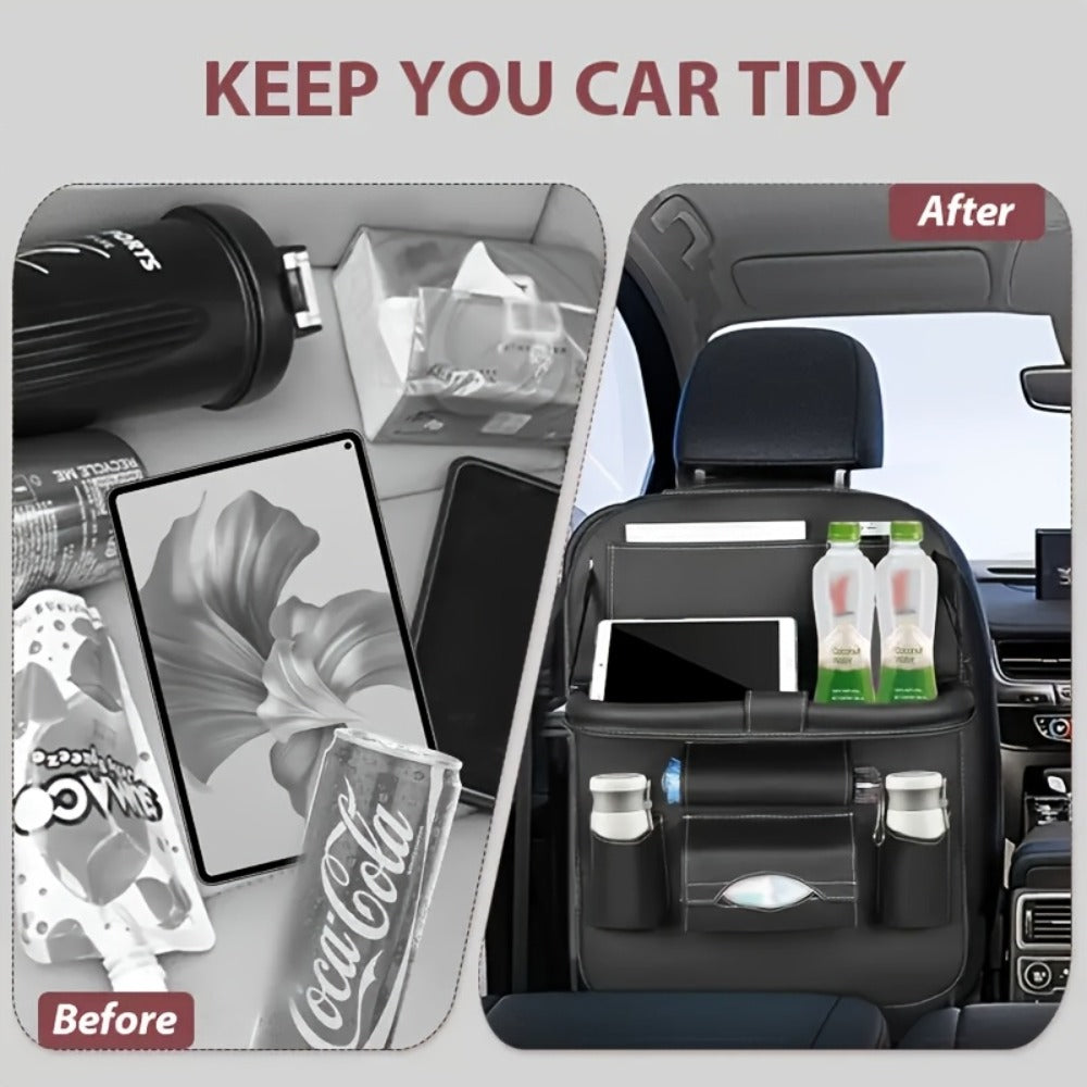 Car Rear Seat Organizer with Foldable Table, Footrest, Cup Holder, Tissue Box & Laptop Base – 2-Piece Premium Back Seat Storage Box Travel