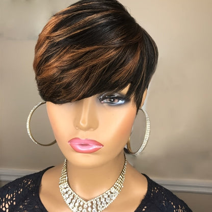 Synthetic Wig 4-Inch Layered Pixie with Bangs, Black-Blonde Look and Rose Net Cap for Daily Style