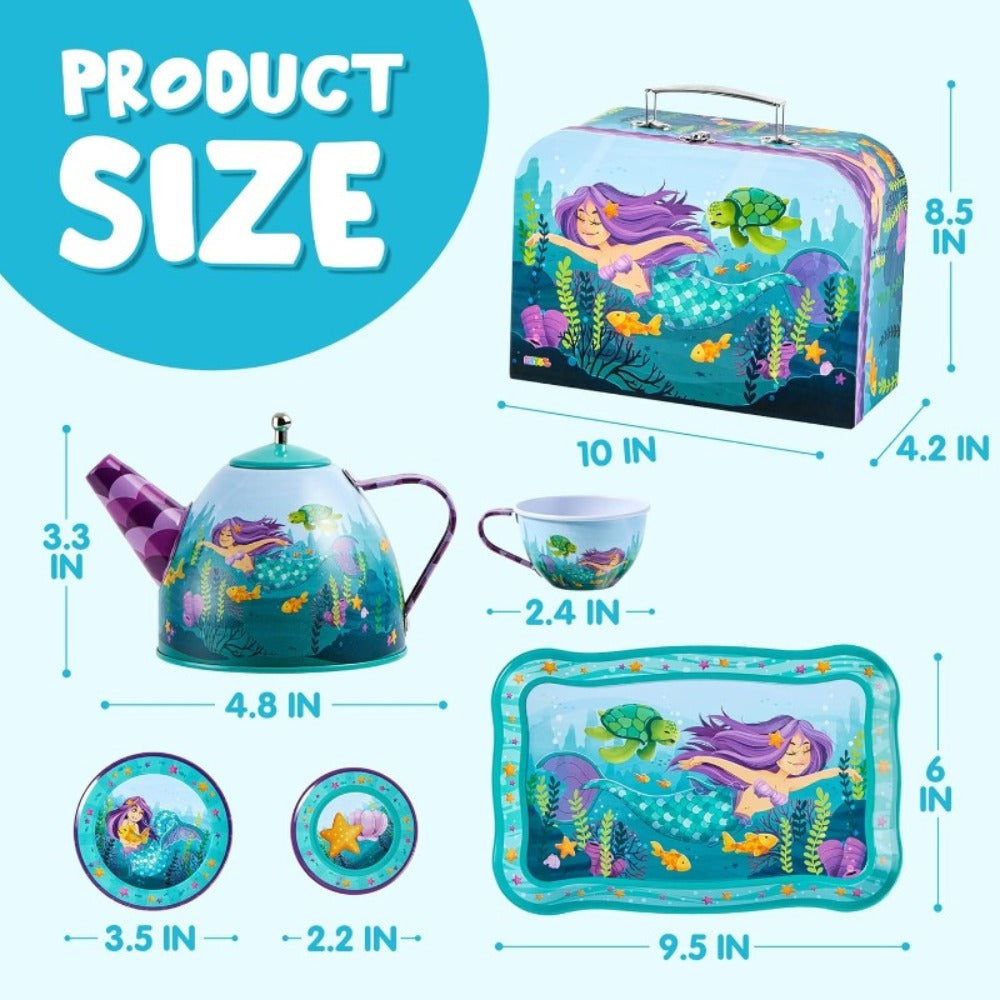 Mermaid Tea Party Set for Girls 21pcs, Tin Teapot, 4 Cups, Saucers, Plates & Carrying Case, Pretend Play Kitchen Toy for Toddlers