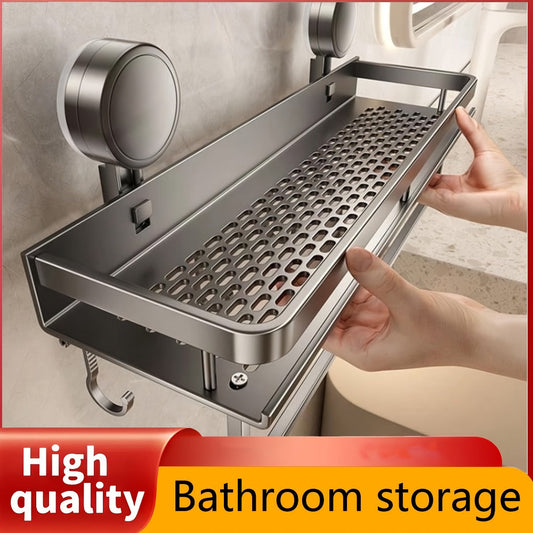 Shower Caddy Shelf Wall Mounted Suction Cup Rustproof Floating Bathroom Organizer Rack with Towel Hook for Shampoo Soap Accessories Space