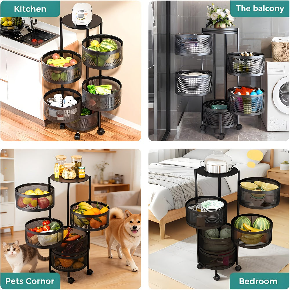 Rolling Storage Cart with Wheels 5-Tier 360° Rotating Kitchen Organizer Basket, No Assembly Space-Saving Floor Standing Bin for Kitchen