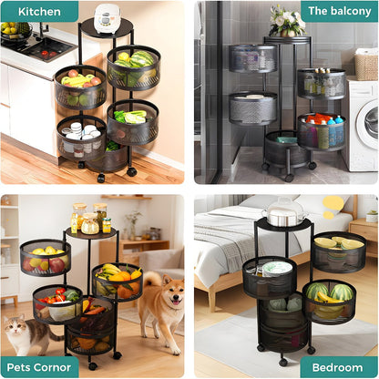 Rolling Storage Cart with Wheels 5-Tier 360° Rotating Kitchen Organizer Basket, No Assembly Space-Saving Floor Standing Bin for Kitchen