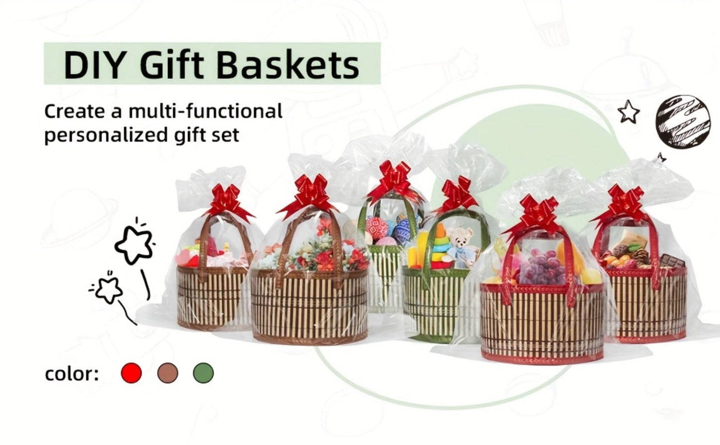 Bamboo Storage Baskets 6-Pack in Oval or Round Shapes with Nine Color and Shape Options for Home Organization