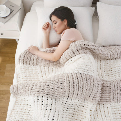 Chunky Chenille Cable Knit Throw Blanket, 350-400gsm Crochet Throw for Sofa, Bed & Couch, Vintage Patchwork