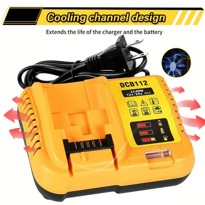 Yellow 12V/20V MAX Battery Charger Compatible with Select DeWalt DCB Batteries and 22V 2A Output Label