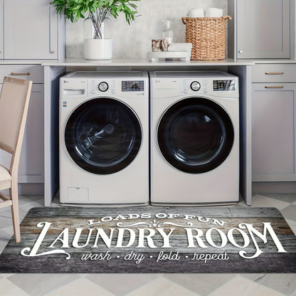 Non-Slip Laundry Room Mat Wood Grain Design – Heavy Duty Washable Rubber Backing Carpet | Rustic Dark Brown & Gray Kitchen Bathroom Rug |