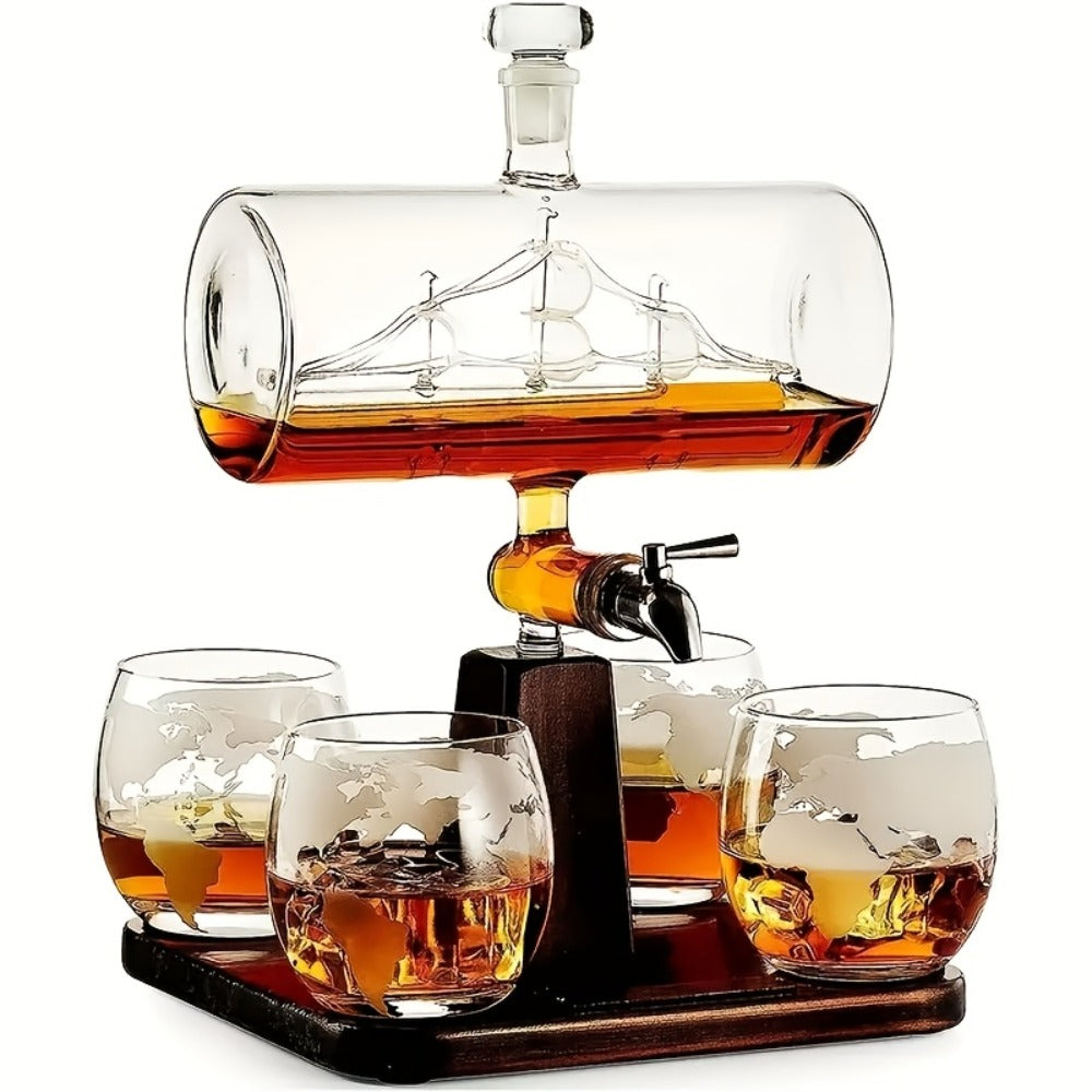 Whiskey Decanter Set with Glasses and Wooden Stand Ball Globe 28oz or Sailboat 44oz Etched for Home Cooking, Dining and Outdoor Meals