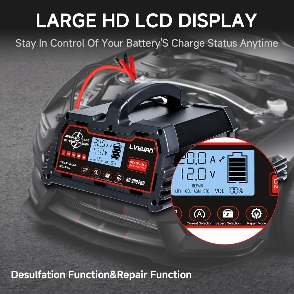 Smart Battery Charger Maintainer 12V 20A 24V 10A 8-Stage with Temperature Compensation for LiFePO4 Lead Acid Car Truck Motorcycle Boat