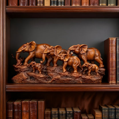 Elephant Family Figurine with Resin Herd Sculpture on Textured Base, 36 x 16 x 10cm Horizontal Shelf Format