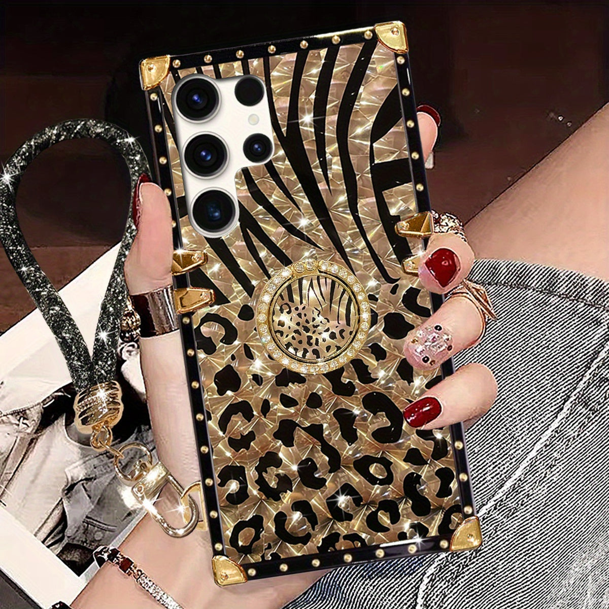 Leopard Print Samsung Galaxy Case Ring Holder Kickstand Anti-Drop Rectangular Cover for Galaxy S25 Ultra Plus S24 Ultra Plus FE S23 Ultra