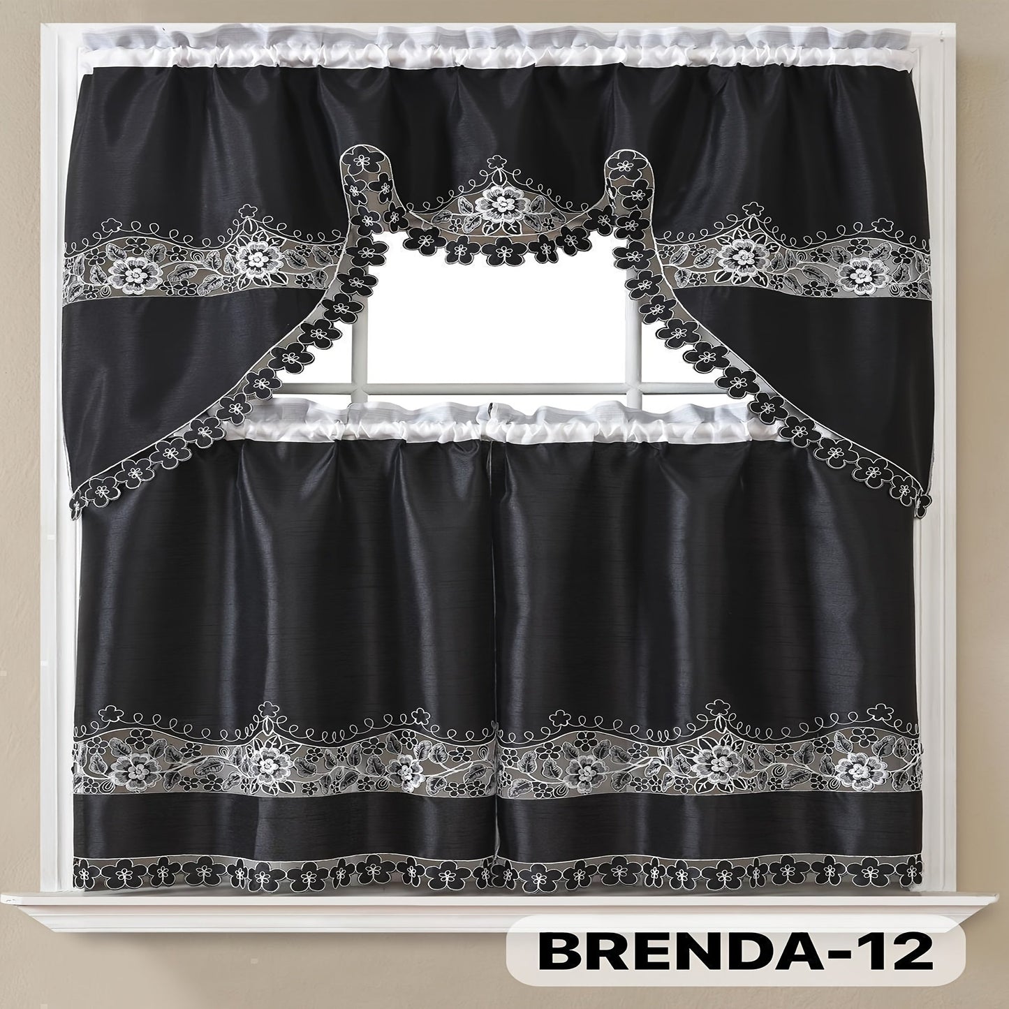 Kitchen Curtains 3 Piece Set Embroidered Satin Valance and Tiers – Rod Pocket Light Filtering Machine Washable 46 Colors