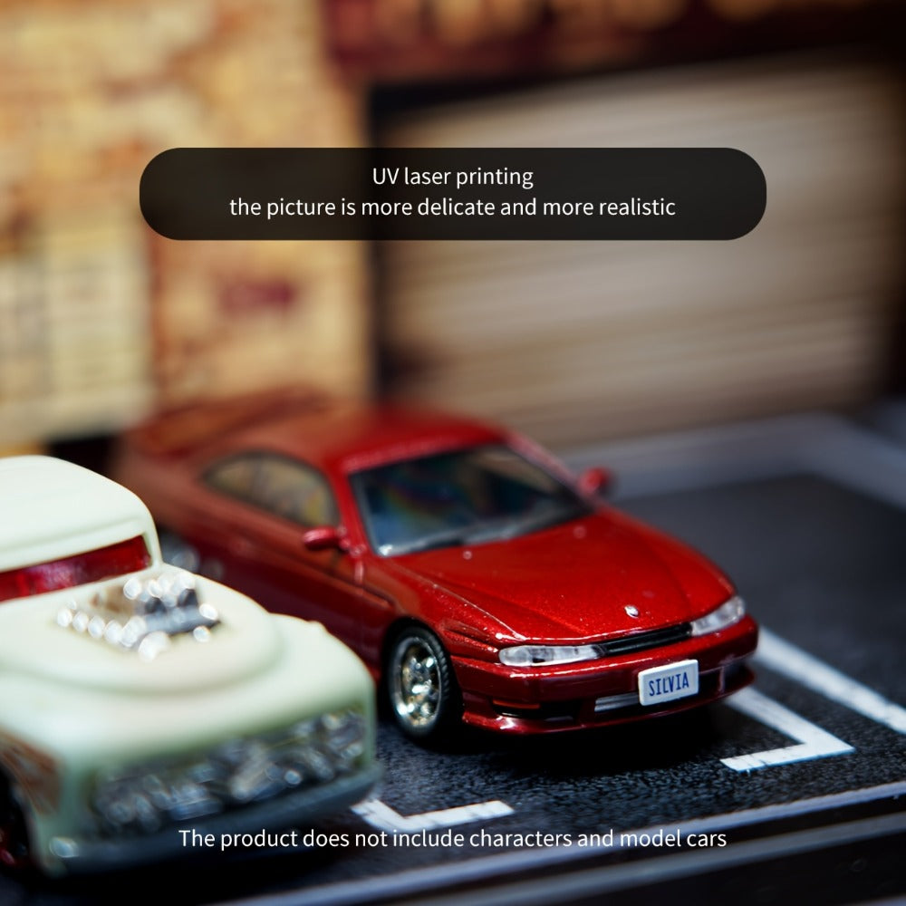 1:64 Diecast Car Display Case with LED Lighted Garage Diorama, Expandable Showcase for 6 Model Cars