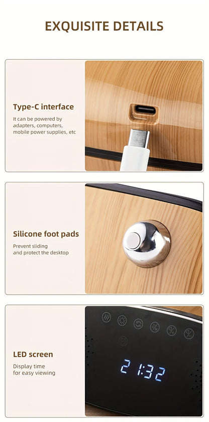 Humidifier with Bluetooth Speaker, LED Alarm Clock, Remote Control and Wood-Grain Desktop Body